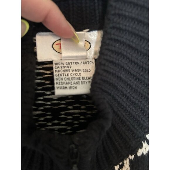 Talbots Cardigan Women Medium Black White Fair Isle Zip Up 100% Cotton Sweater - Picture 7 of 7